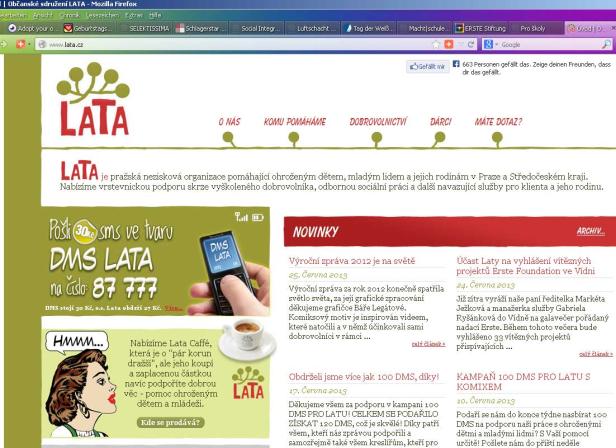 Die Webseite der tschechischen Wohltätigkeitsorganisation LATA wird angezeigt.