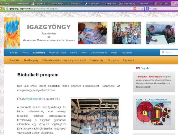 Die Webseite der Igazgyöngy Stiftung mit Informationen zum Biobrikett-Programm.