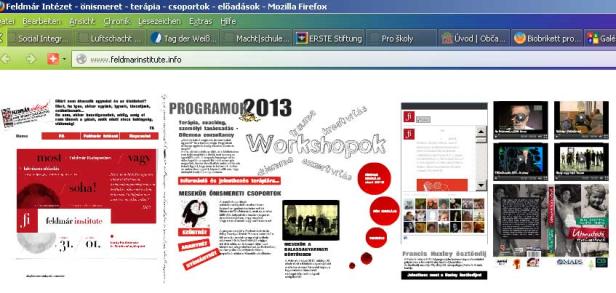 Mehrere Webseiten des Feldmár Instituts, darunter Informationen zu Therapie, Workshops und Programmen.