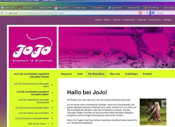 Die Webseite von „JoJo – Kindheit im Schatten“, einem Angebot für Geschwister psychisch erkrankter Kinder.