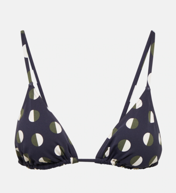 Ein blaues Bikini-Oberteil mit einem Muster aus grünen und weißen Kreisen.