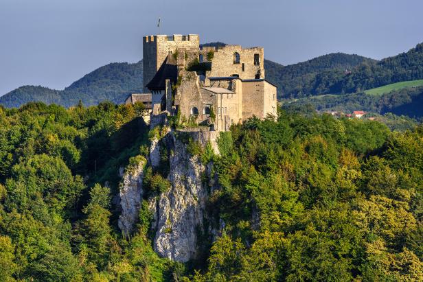 Eine Burg thront auf einem bewaldeten Hügel mit Felsvorsprung.