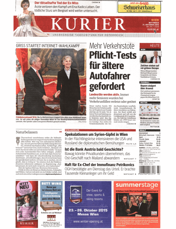 Titelseite des Kurier vom 21. Oktober 2015 mit Nachrichten und Werbung.