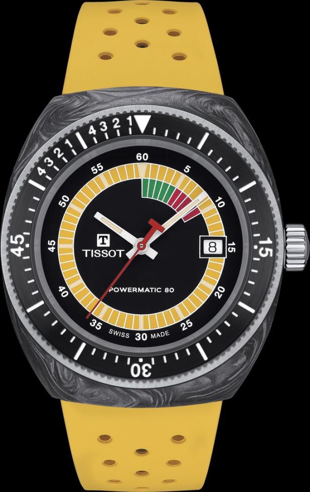 Die Tissot „Sideral“ Uhr mit gelbem Armband und schwarzem Zifferblatt.