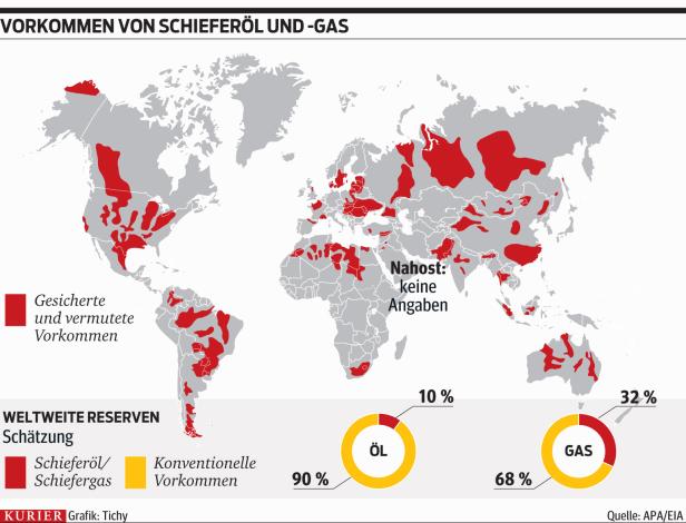 Eine Weltkarte zeigt die Vorkommen von Schieferöl und -gas, sowie konventionelle Öl- und Gasvorkommen.