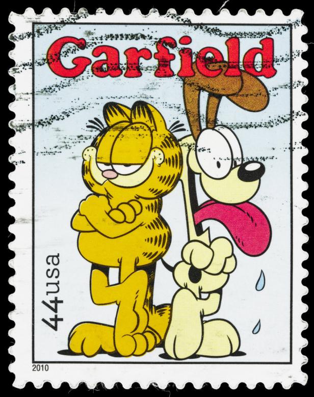 Eine Briefmarke aus den USA mit Garfield und Odie.