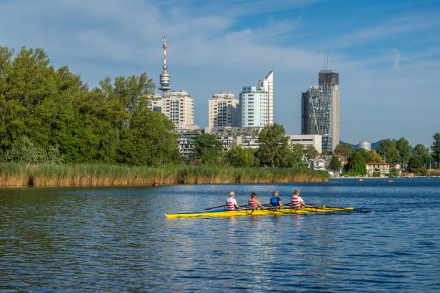 Vier Ruderer in einem gelben Boot auf der Donau in Wien vor der Skyline der Stadt.