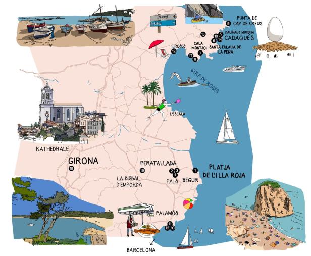 Eine illustrierte Karte der Region Girona in Spanien mit Sehenswürdigkeiten und Küstenorten.