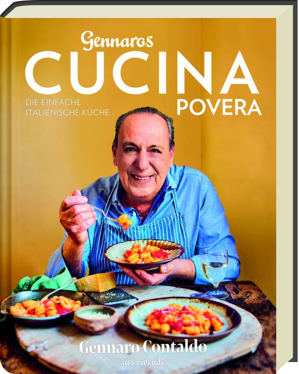 Das Cover von Gennaros Kochbuch „Cucina Povera“ mit Gennaro Contaldo, der Gnocchi isst.