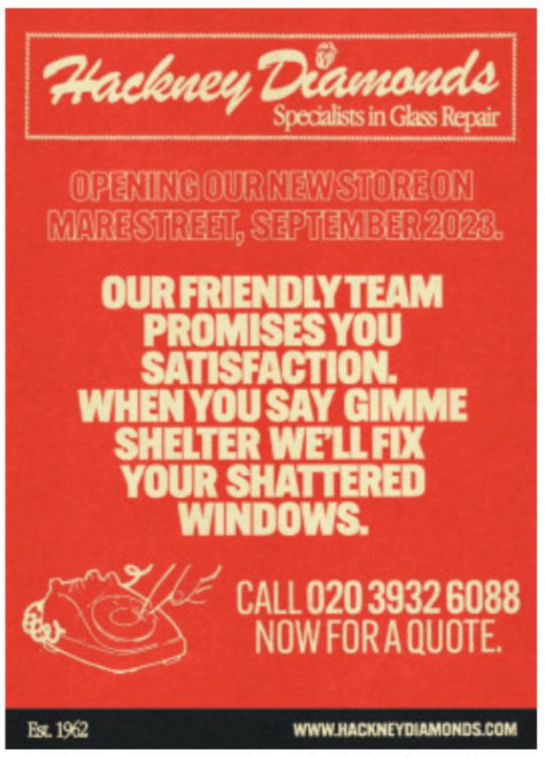 An image shows an advert in the London-based newspaper Hackney Gazette heralding a new glass repair store called "Hackney Diamonds\