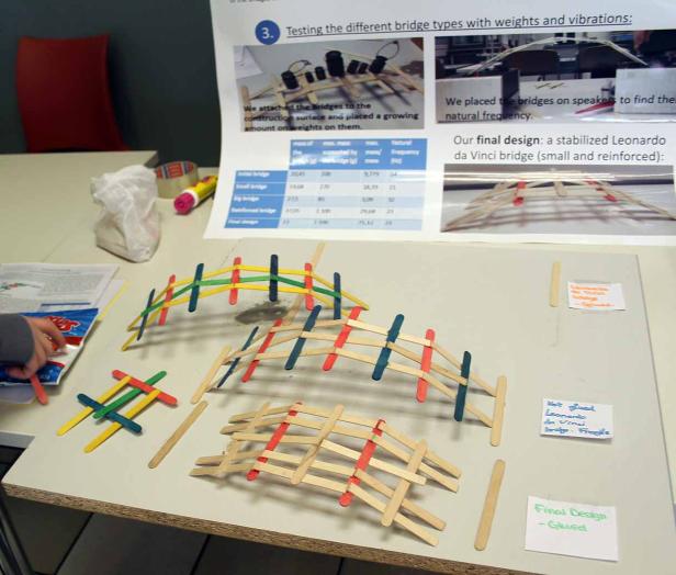 Mehrere Brückenmodelle aus Holzstäbchen auf einem Tisch, Teil eines Brückenbauprojekts.