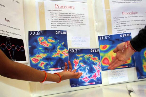 Thermografie-Aufnahmen von Experimenten mit Käse in der Mikrowelle werden präsentiert.