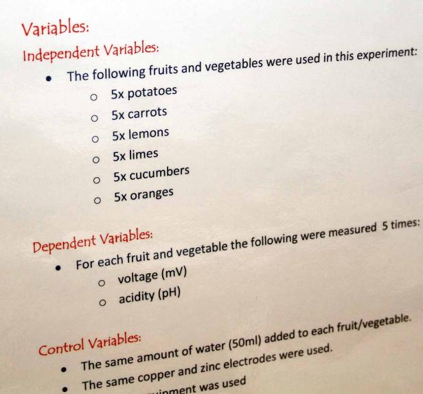 Eine Liste von Variablen für ein Experiment mit Obst und Gemüse, einschließlich Kartoffeln, Karotten, Zitronen, Limetten, Gurken und Orangen.