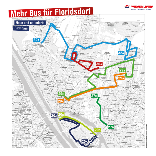 Grafik: Mit neuen Buslinien sowie Intervallverdichtungen und längeren Betriebszeiten sorgen die Wiener Linien für ein größeres Öffi-Angebot in Floridsdorf. In Summe werden die Busse in Floridsdorf durch diese Optimierungen ab 2025 jährlich über 400.000 Kilometer mehr zurücklegen als bisher