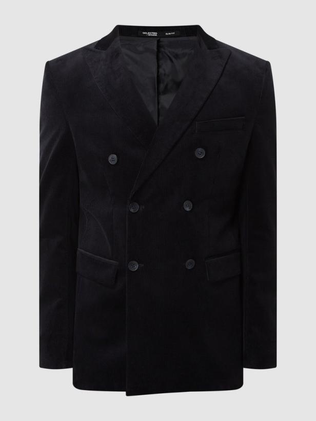 Ein schwarzer Cord-Blazer mit doppelter Knopfleiste.
