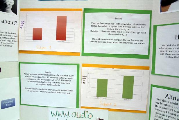 Eine Präsentation über ein Experiment zum Hörvermögen mit Diagrammen und Texten.