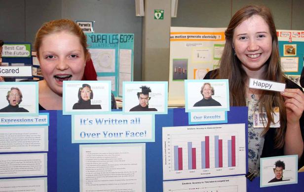 Zwei junge Frauen präsentieren ein Projekt über Gesichtsausdrücke und Emotionen.
