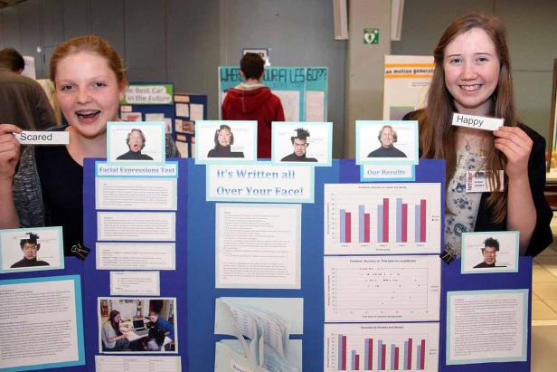 Zwei junge Frauen präsentieren ein Wissenschaftsprojekt über Gesichtsausdrücke.