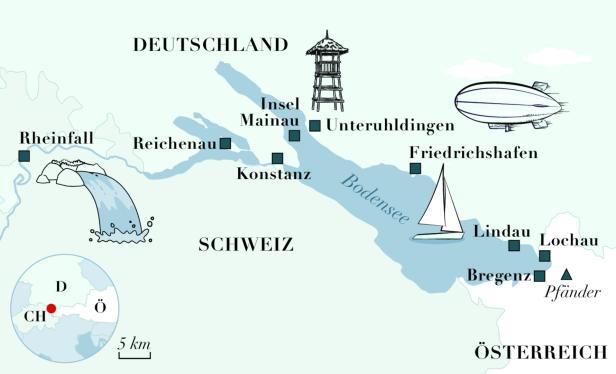 Eine Karte des Bodensees mit Sehenswürdigkeiten und angrenzenden Ländern.