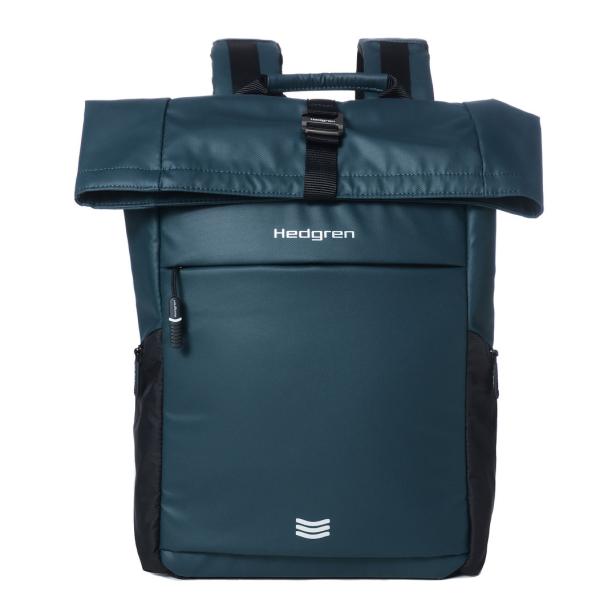 Ein marineblauer Hedgren-Rucksack mit Rollverschluss vor einem weißen Hintergrund.