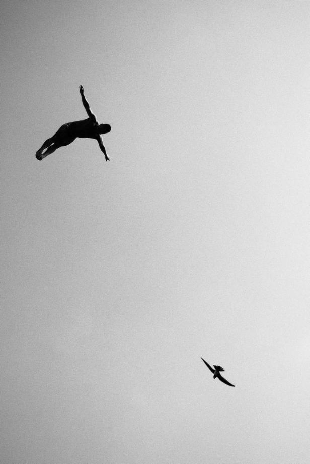 Eine Person springt mit ausgebreiteten Armen, während ein Vogel vorbeifliegt.