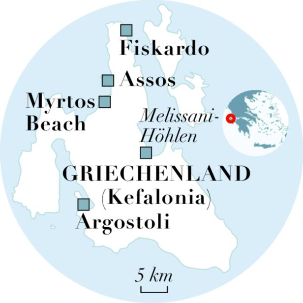 Eine Karte von Kefalonia, Griechenland, mit hervorgehobenen Orten wie Fiskardo, Assos und Myrtos Beach.