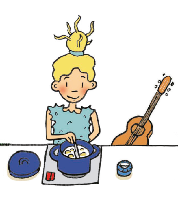 Eine blonde Frau kocht Eier, während eine Gitarre im Hintergrund steht.