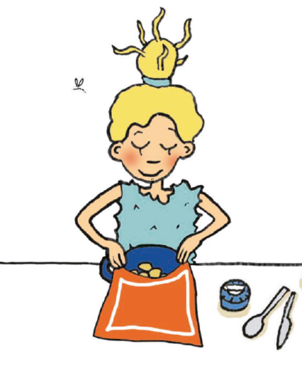 Eine blonde Frau mit Dutt packt goldene Taler in einen orangefarbenen Beutel.