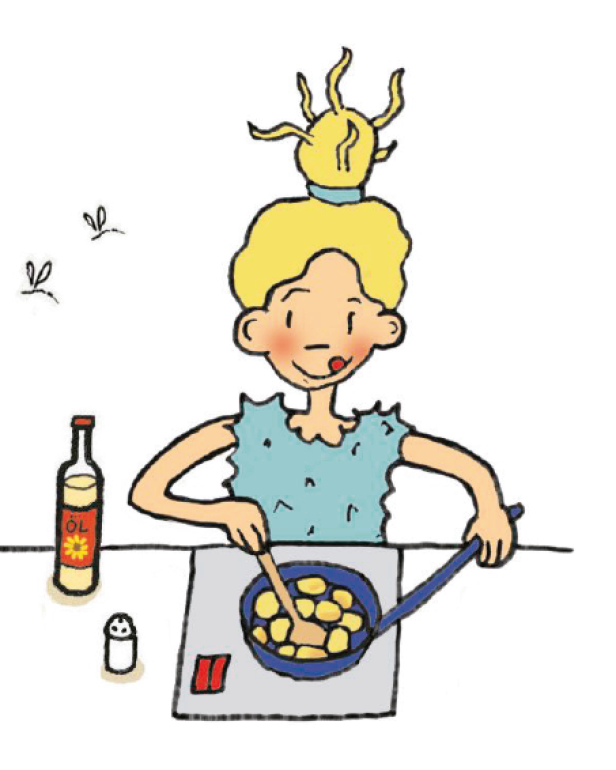 Eine blonde Frau kocht Kartoffeln in einer Pfanne.