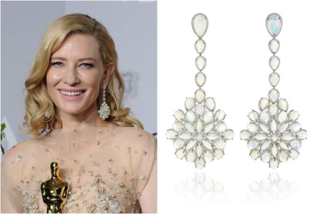 Cate Blanchett mit einem Oscar und opulenten Ohrringen mit Opalen.