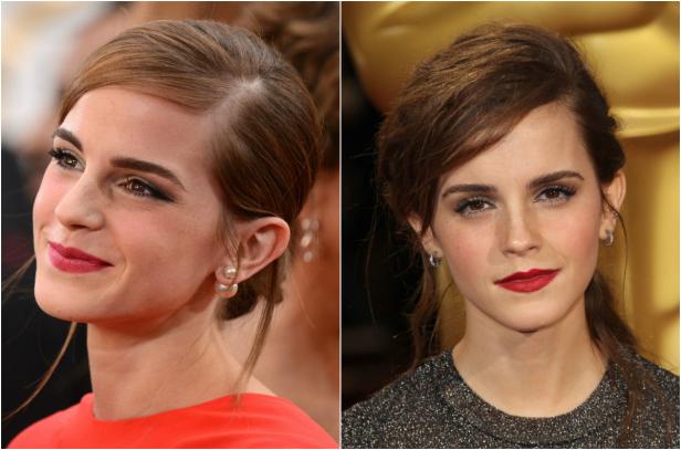 Ein zweiteiliges Porträt von Emma Watson mit rotem Lippenstift und hochgesteckten Haaren.