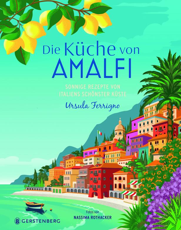 Das Cover des Kochbuchs „Die Küche von Amalfi“ mit einer Illustration der Amalfiküste.