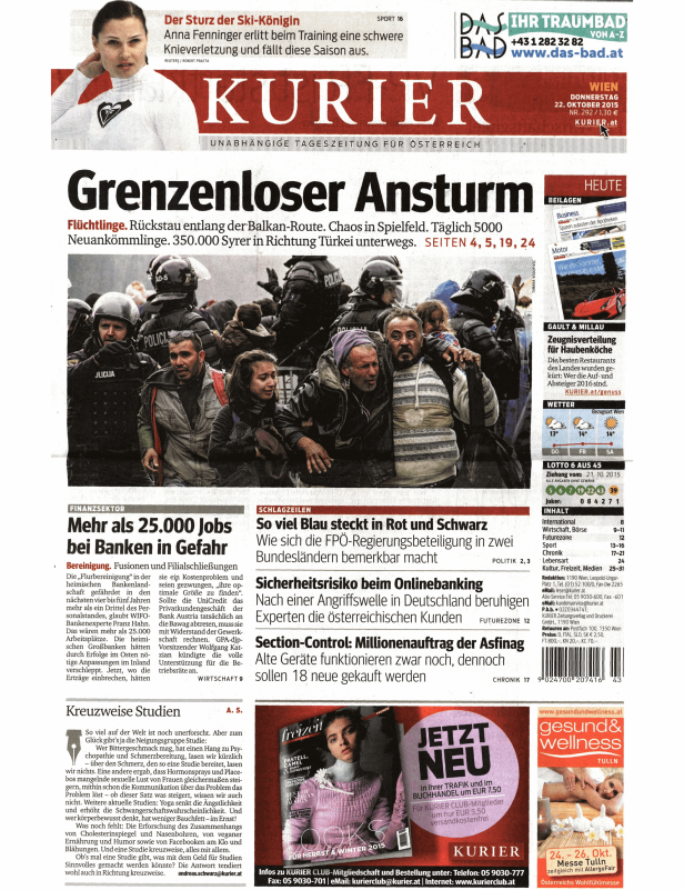 Titelseite des Kurier vom 22. Oktober 2015 mit Schlagzeilen zu Flüchtlingen und Wirtschaftsnachrichten.