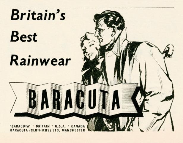 Eine stilisierte Anzeige für Baracuta Regenbekleidung mit einem Paar in Trenchcoats.