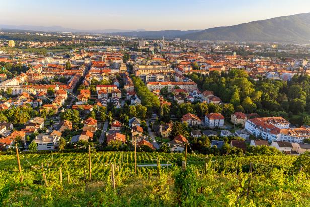 Blick über Graz von einem Weinberg aus.