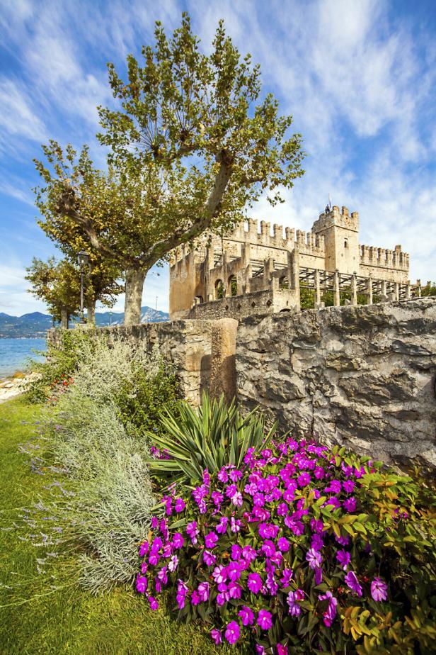 Die Scaligerburg in Sirmione, umgeben von Blumen und einem Baum.
