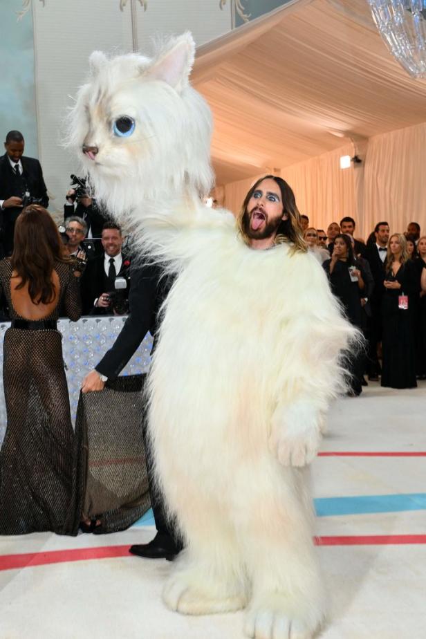 Jared Leto in einem flauschigen Katzenkostüm auf dem roten Teppich.