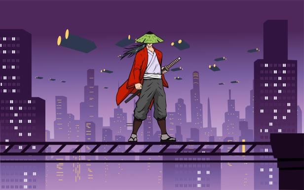 Ein Samurai mit Schwert steht auf einer Brücke vor einer futuristischen Stadtkulisse.