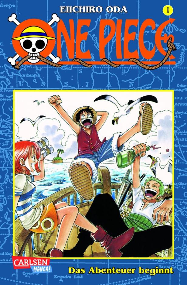 Das Cover des ersten Bandes von Eiichiro Odas Manga „One Piece“ zeigt die Strohhutbande auf einem Schiff.