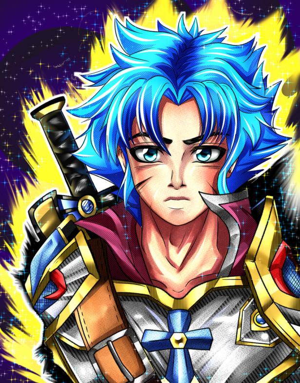 Ein Anime-Krieger mit blauen Haaren und Rüstung vor einem sternenklaren Hintergrund.
