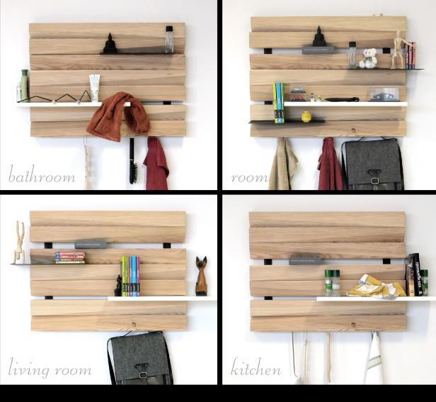 Eine modulare Wandgarderobe mit Regalen, die in verschiedenen Räumen wie Bad, Wohnzimmer und Küche gezeigt wird.