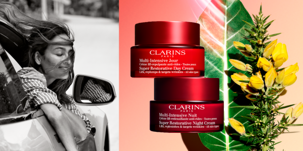 Eine Frau lehnt aus einem Auto, daneben Clarins Multi-Intensive Tages- und Nachtcreme.