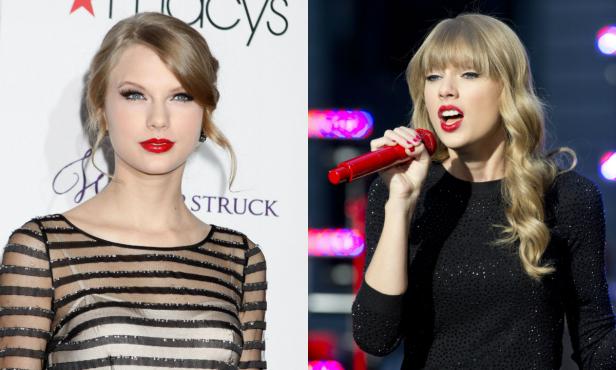 Zwei Porträts von Taylor Swift, einmal auf einem Event und einmal singend mit einem roten Mikrofon.