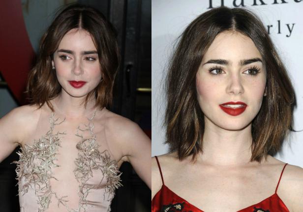 Ein Doppelporträt von Lily Collins mit braunem, schulterlangem Haar und rotem Lippenstift.
