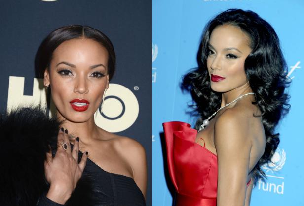 Ein zweigeteiltes Porträt einer Frau mit dunklem Haar und rotem Lippenstift, gekleidet für eine Gala.