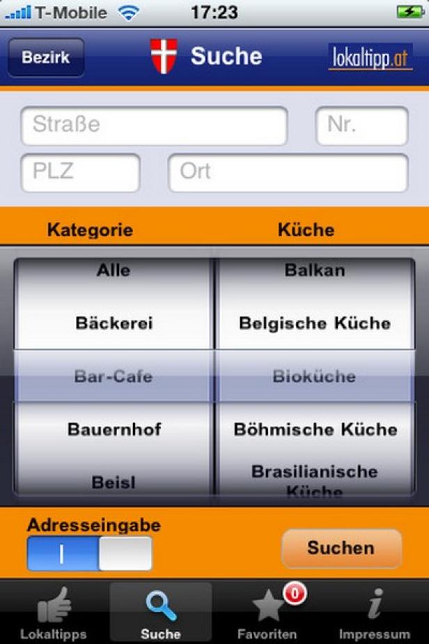 Ein Screenshot der Suchfunktion der „lokaltipp.at“-App auf einem iPhone.