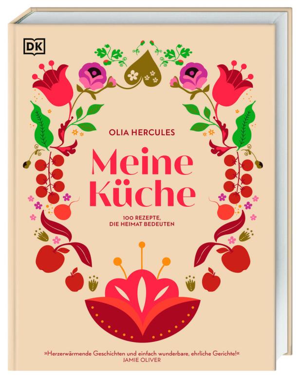 Das Cover des Kochbuchs „Meine Küche“ von Olia Hercules, verziert mit floralen Illustrationen.