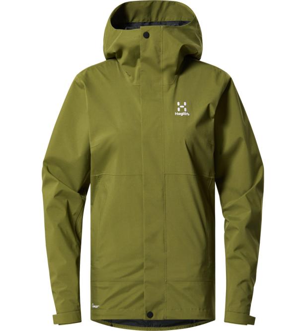 Eine olivgrüne Haglöfs-Jacke mit Kapuze vor einem weißen Hintergrund.