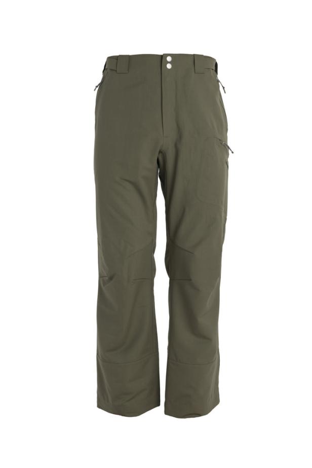 Eine olivgrüne Hose mit zwei Knöpfen und mehreren Reißverschlüssen.