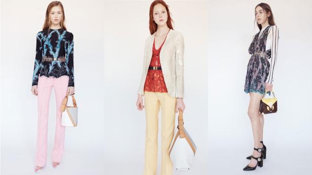 Drei Models präsentieren Mode und Handtaschen vor einem weißen Hintergrund.